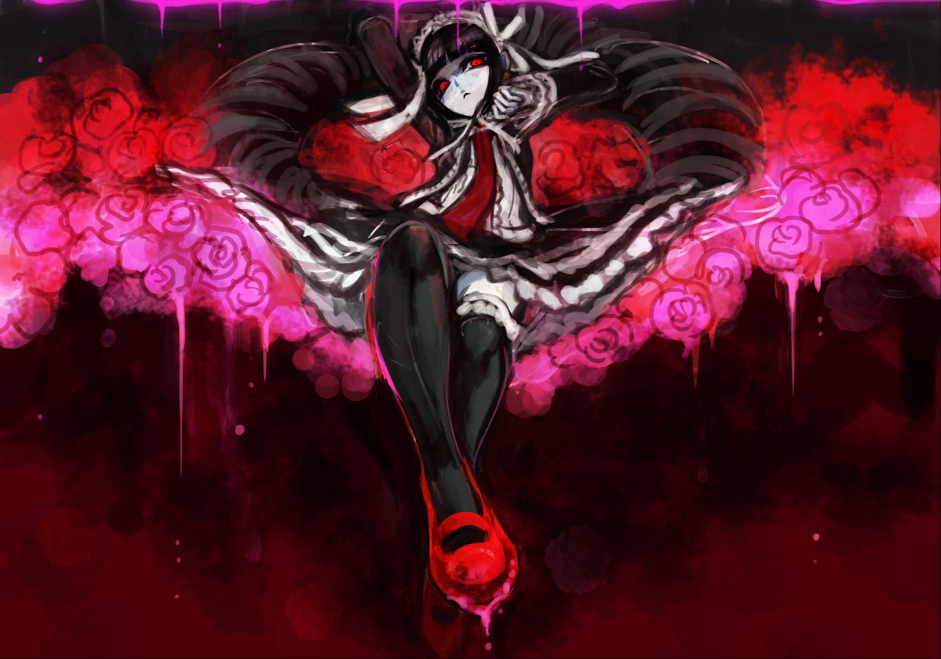 Goth Anime Girl In Roses Background