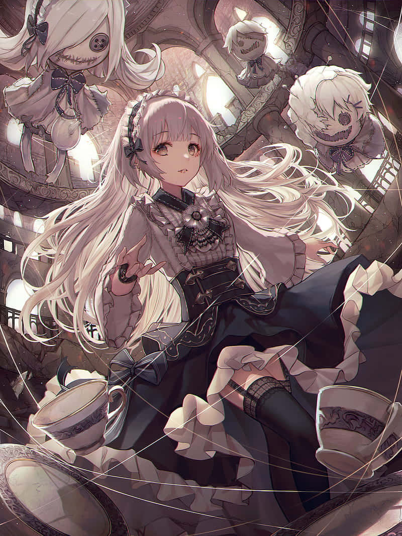 Goth Anime Girl Surrounded By Dolls Background