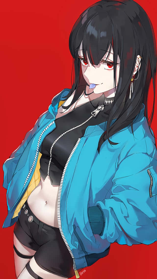 Goth Anime Girl Wearing Blue Jacket Background