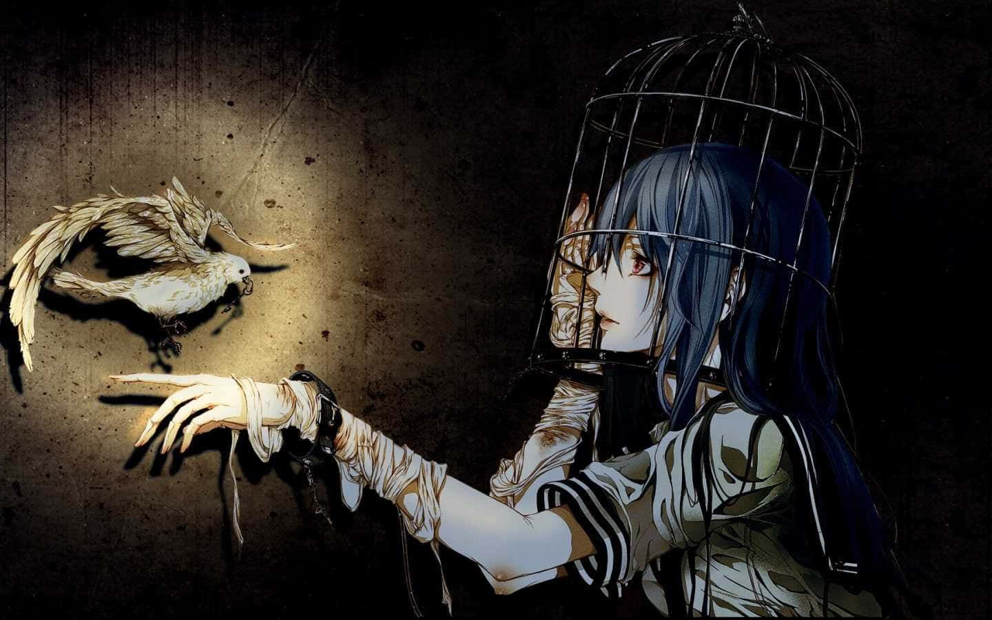 Goth Anime Girl With Cage On Her Head Background