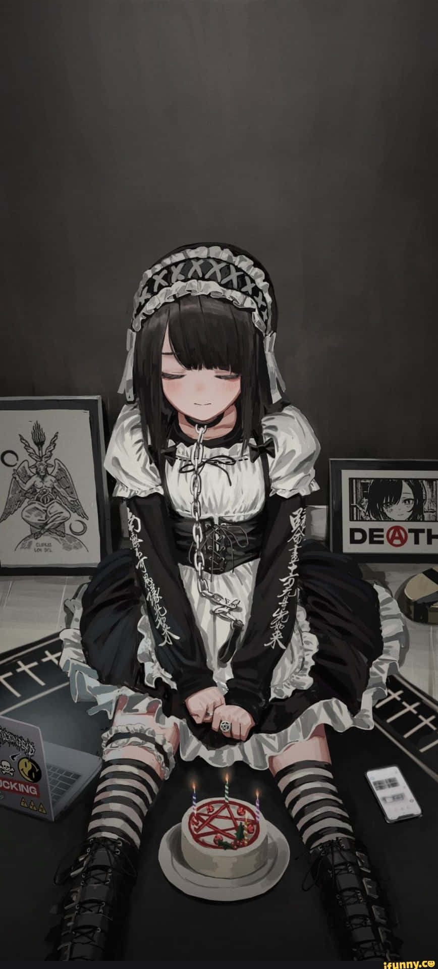 Goth Anime Maid In Front Of Pentagram Cake