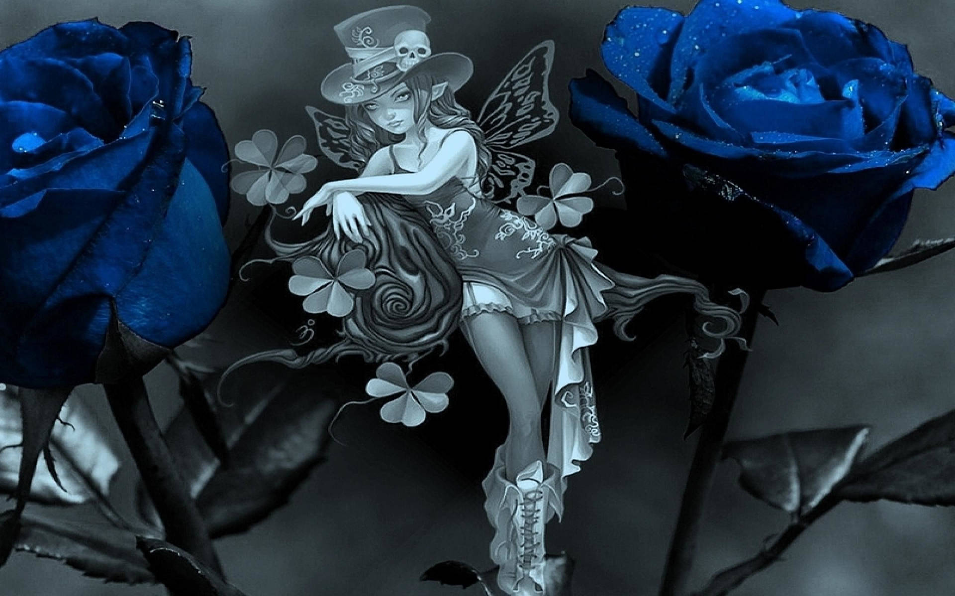 Goth Fairy And Blue Roses Background