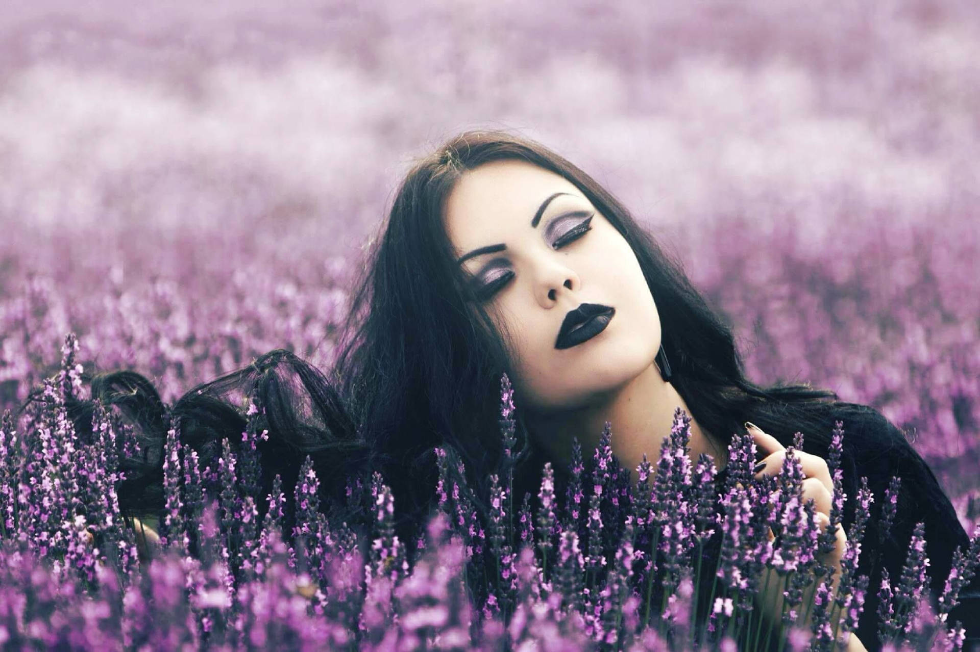 Goth Girl In Purple Field Background