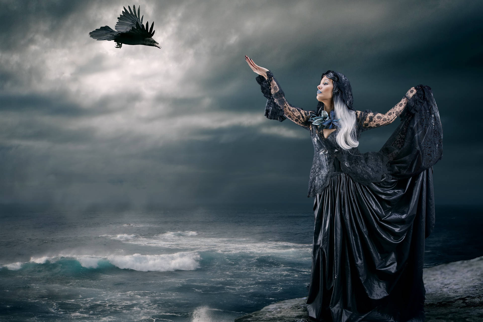 Goth Woman With A Crow Background