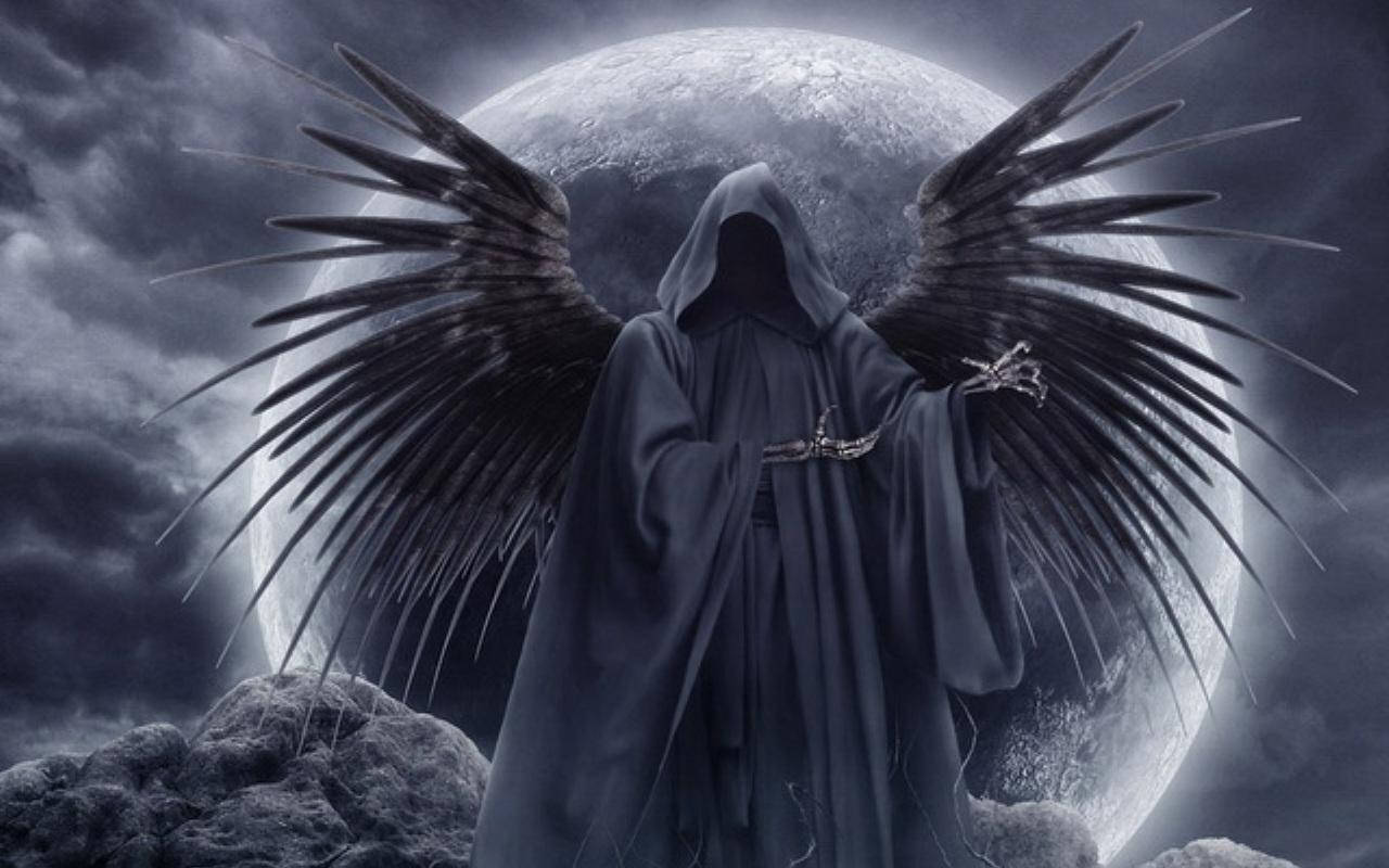 Gothic Angel Grim Reaper On Full Moon Background