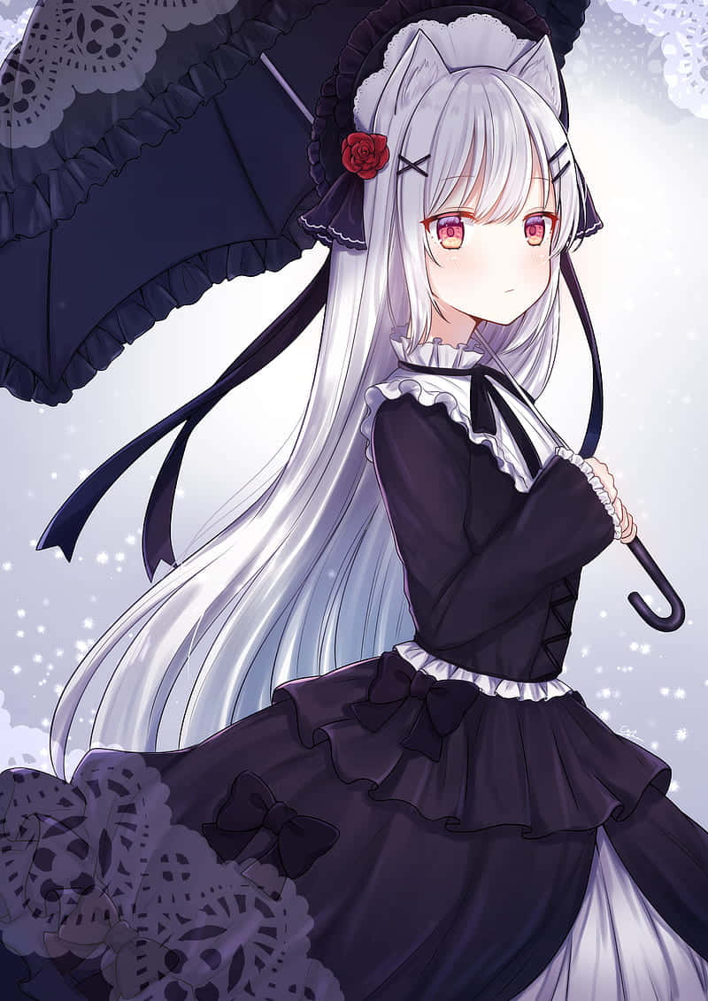 Gothic Anime Girl Wearing Black Dress With Parasol Background