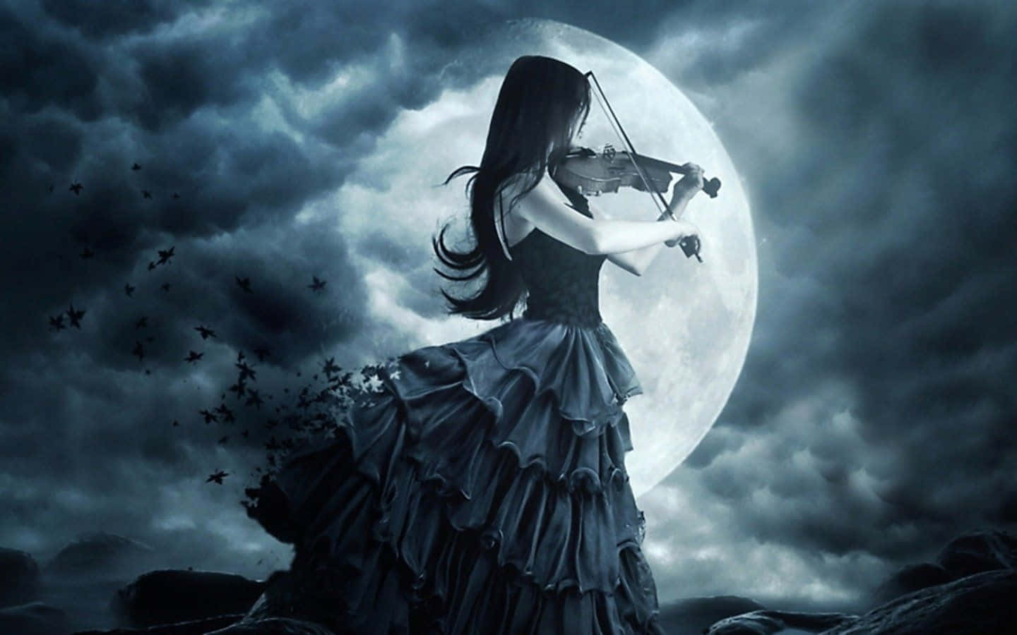 Gothic Computer Girl With Violin Full Moon Background