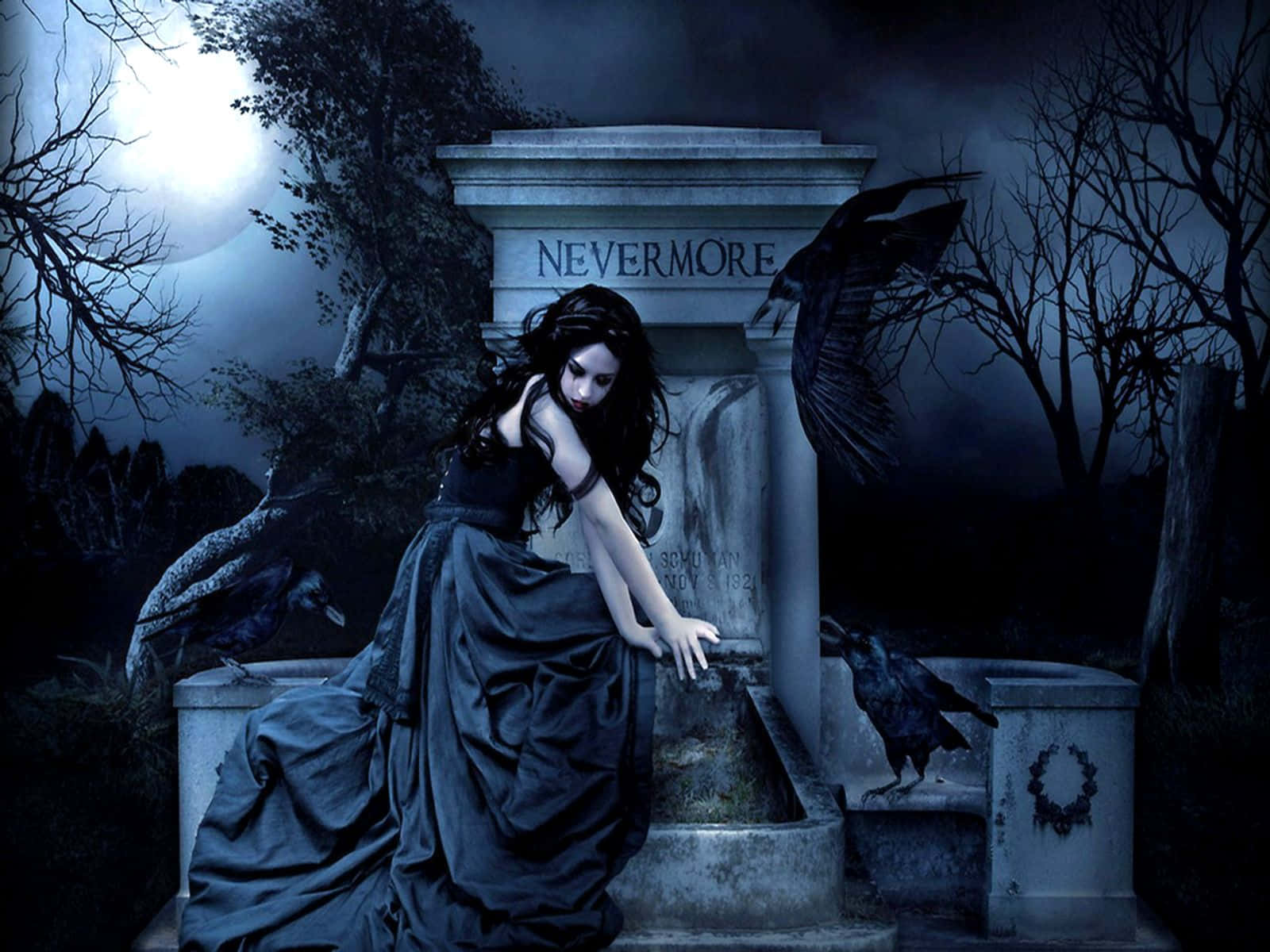 Gothic Computer Goth Girl On Statue Background