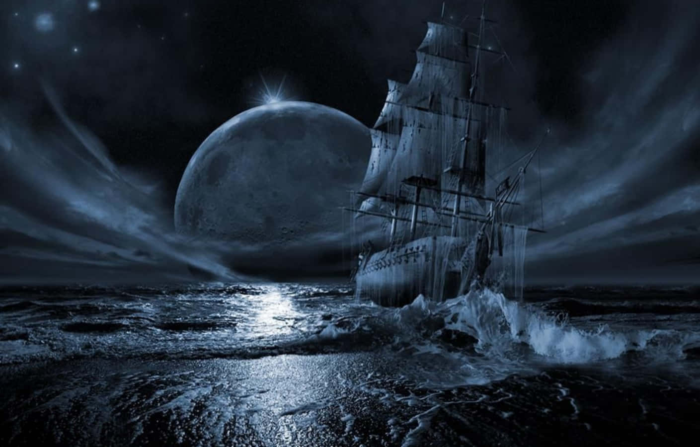 Gothic Computer Ship Sailing On Ocean Background