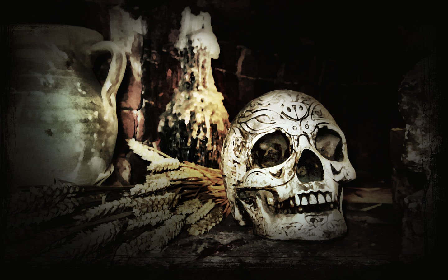 Gothic Computer Skull And Bottles Background