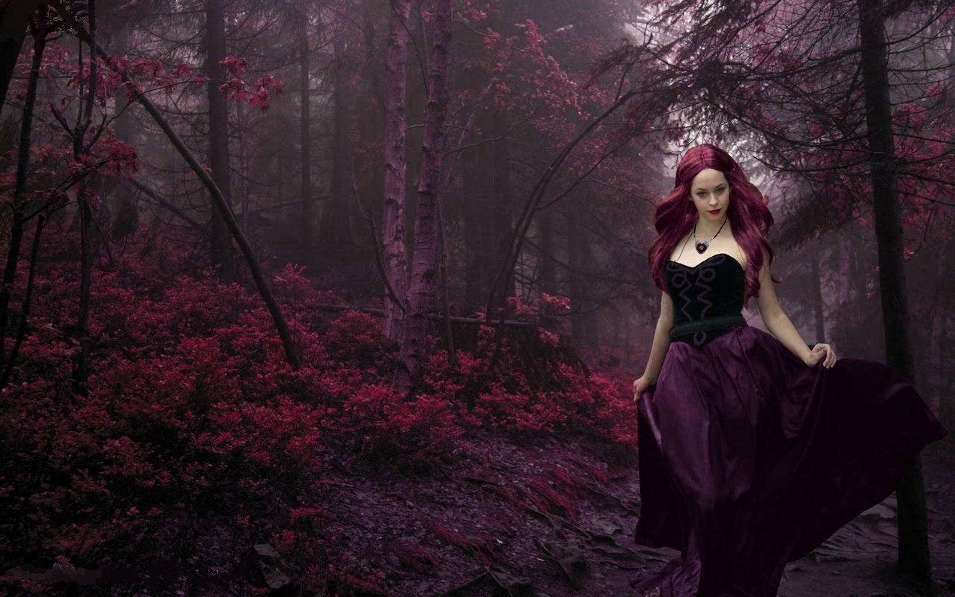 Gothic Girl In Purple Forest Background
