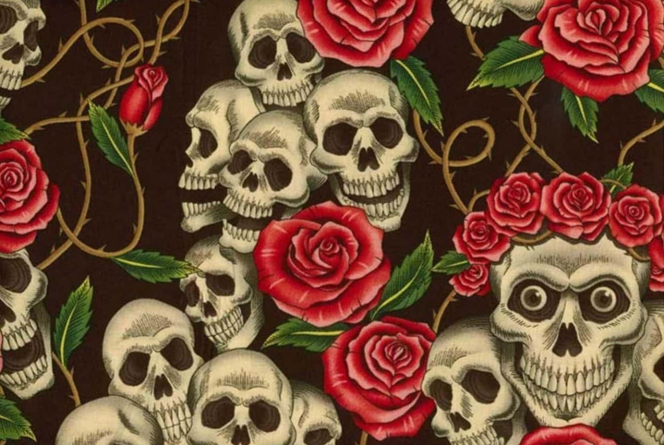 Gothic Love Skulls And Roses Pattern Background