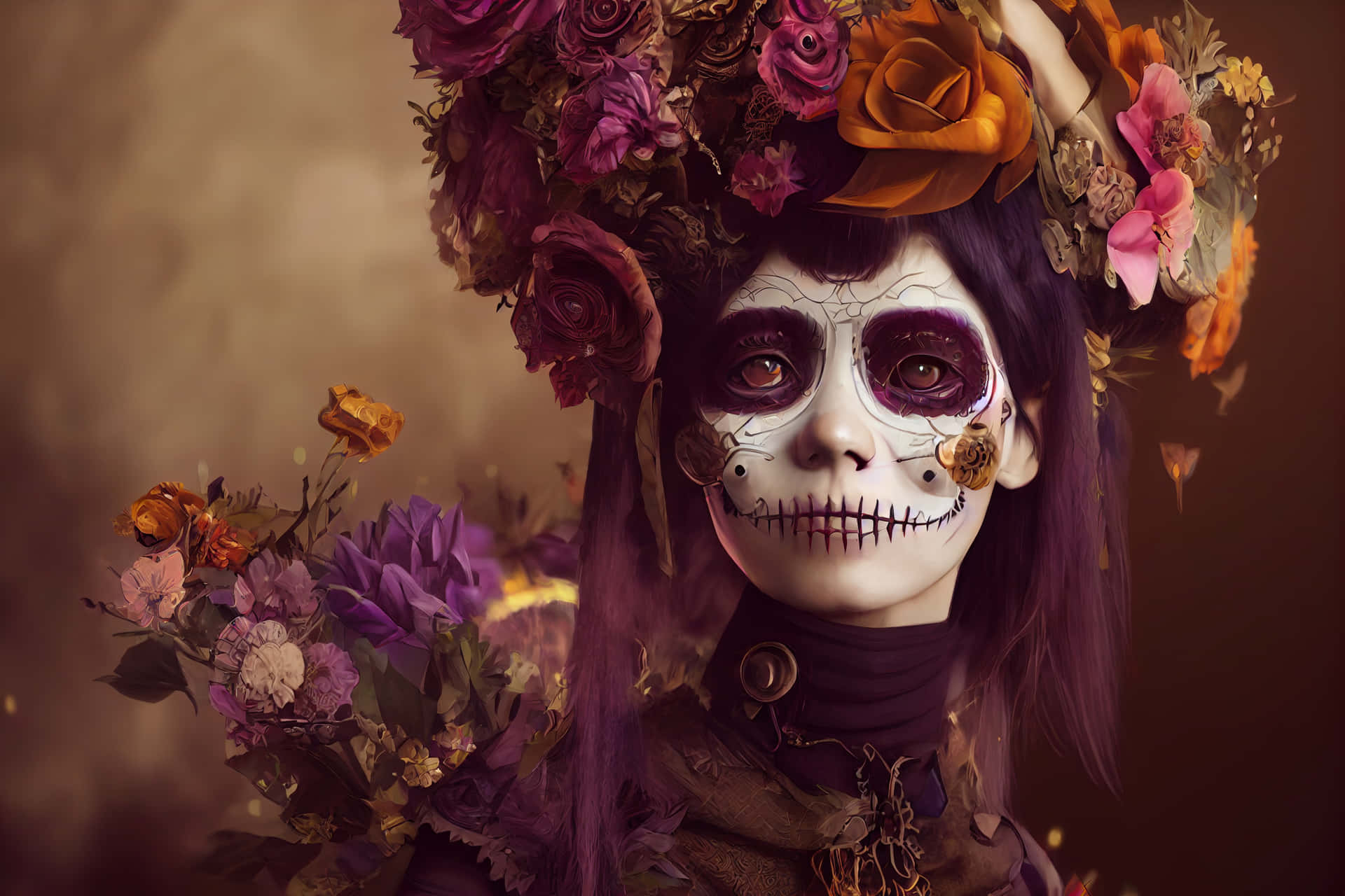 Gothic Mexican Woman With A La Calavera Face Painting Aesthetic Background