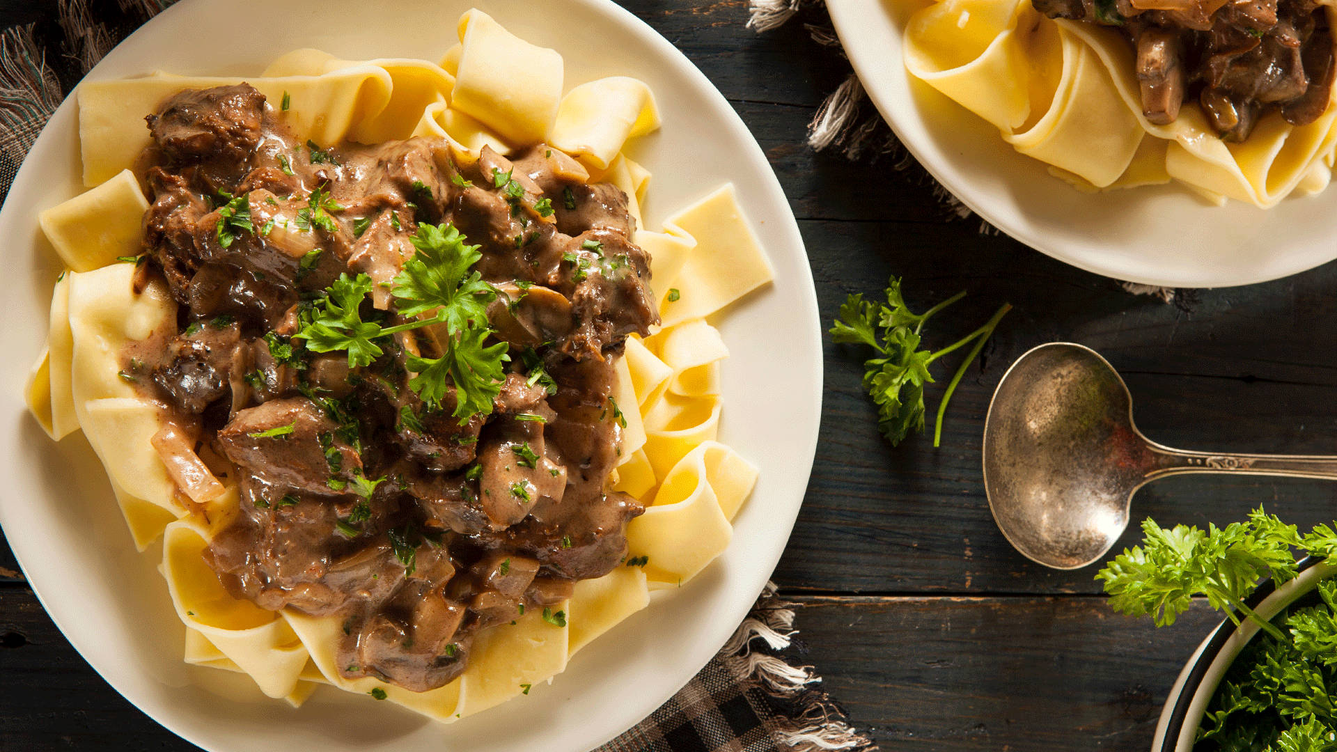 Gourmet Beef Stroganoff With Italian Pappardelle Pasta Background