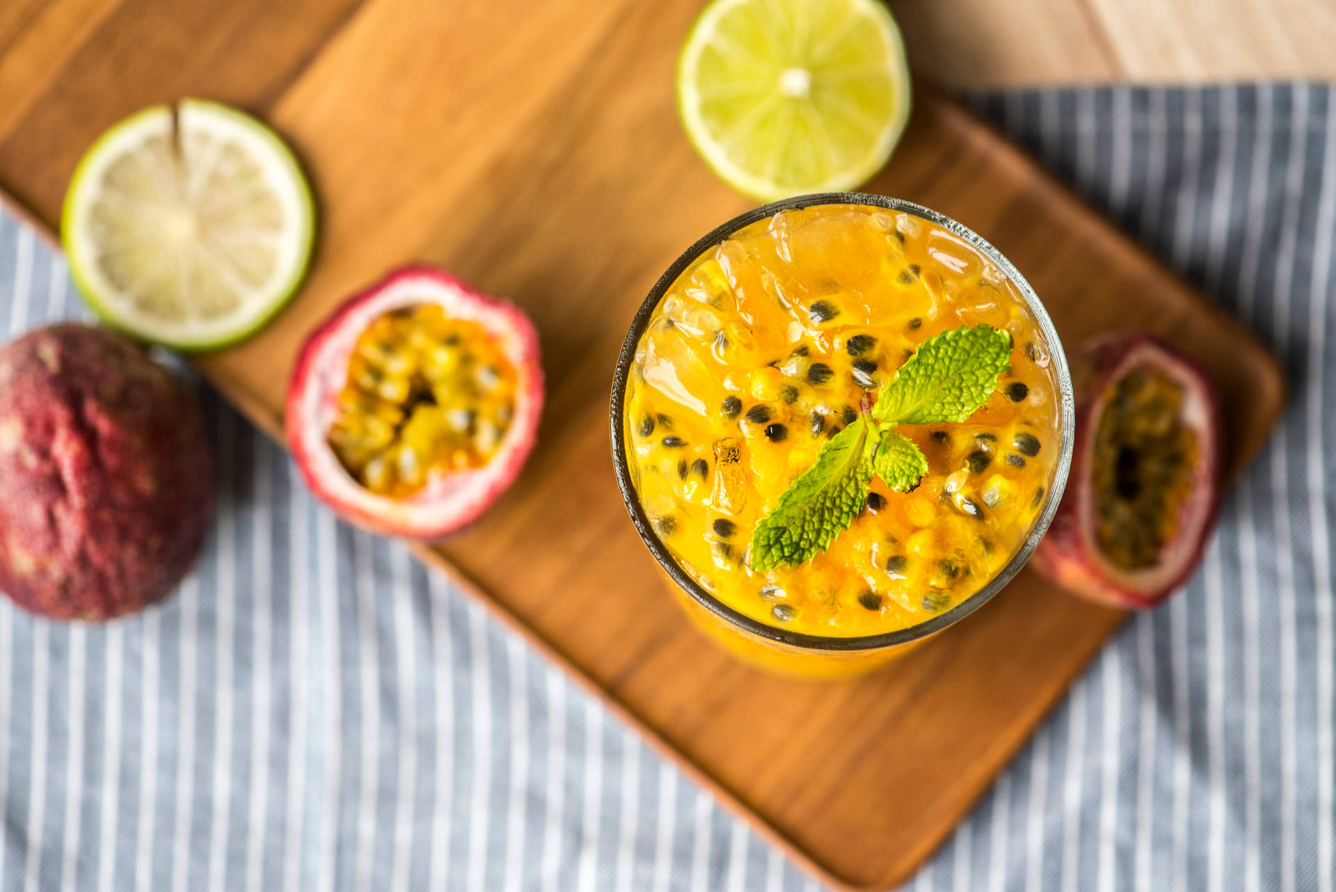 Gourmet Refreshing Passion Fruit Drink Flat Lay Background