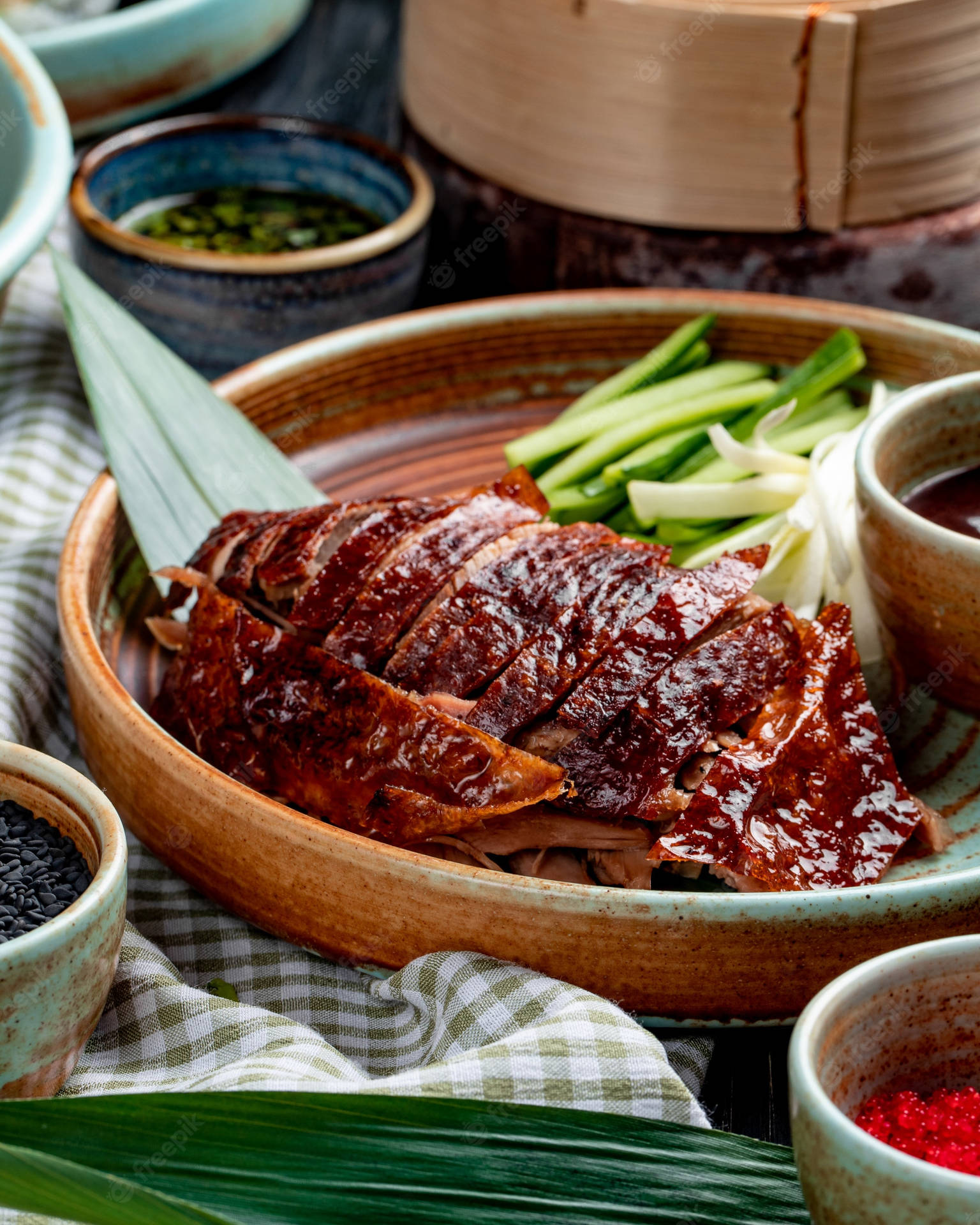 Gourmet Roasted Peking Duck On Curved Wooden Plate