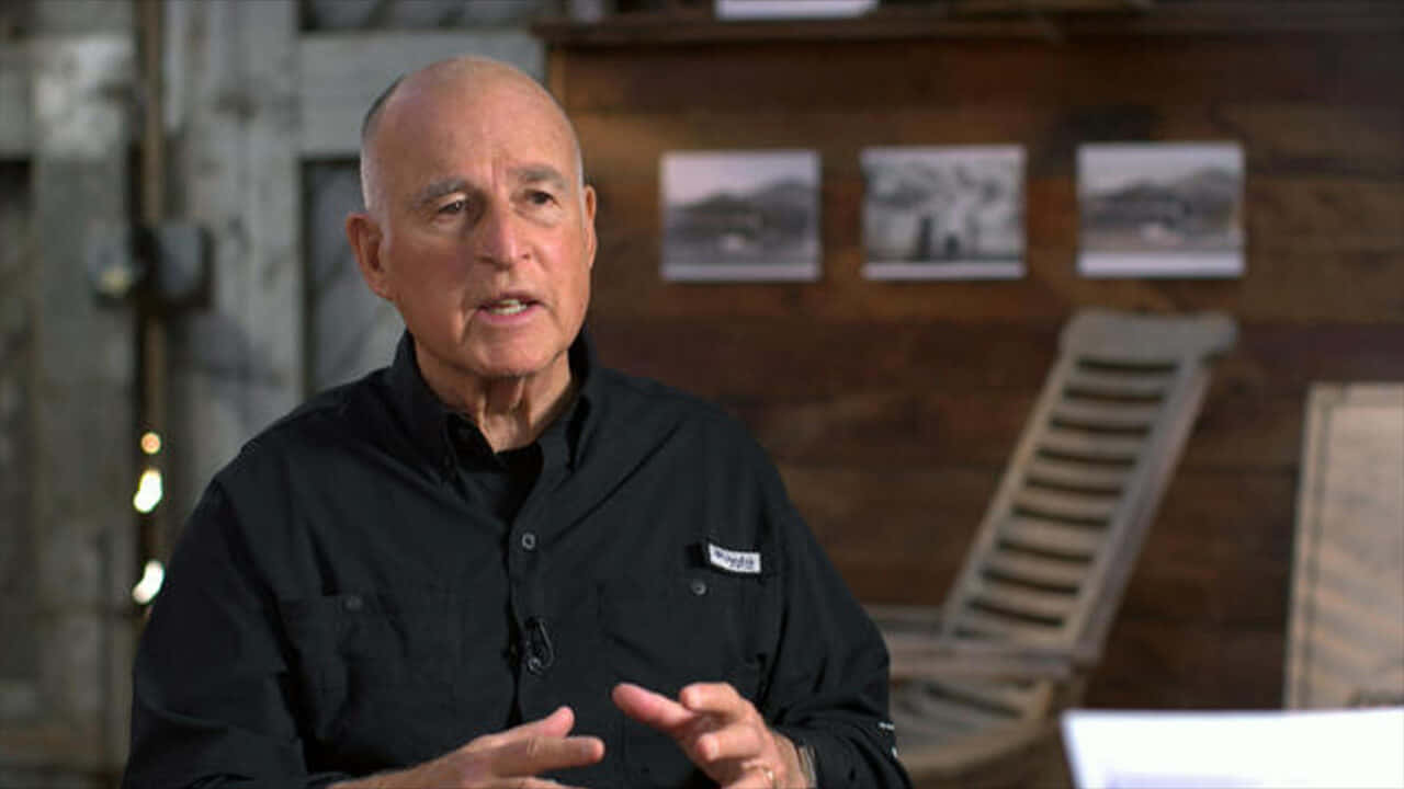 Governor Jerry Brown Speaks During An Interview. Background