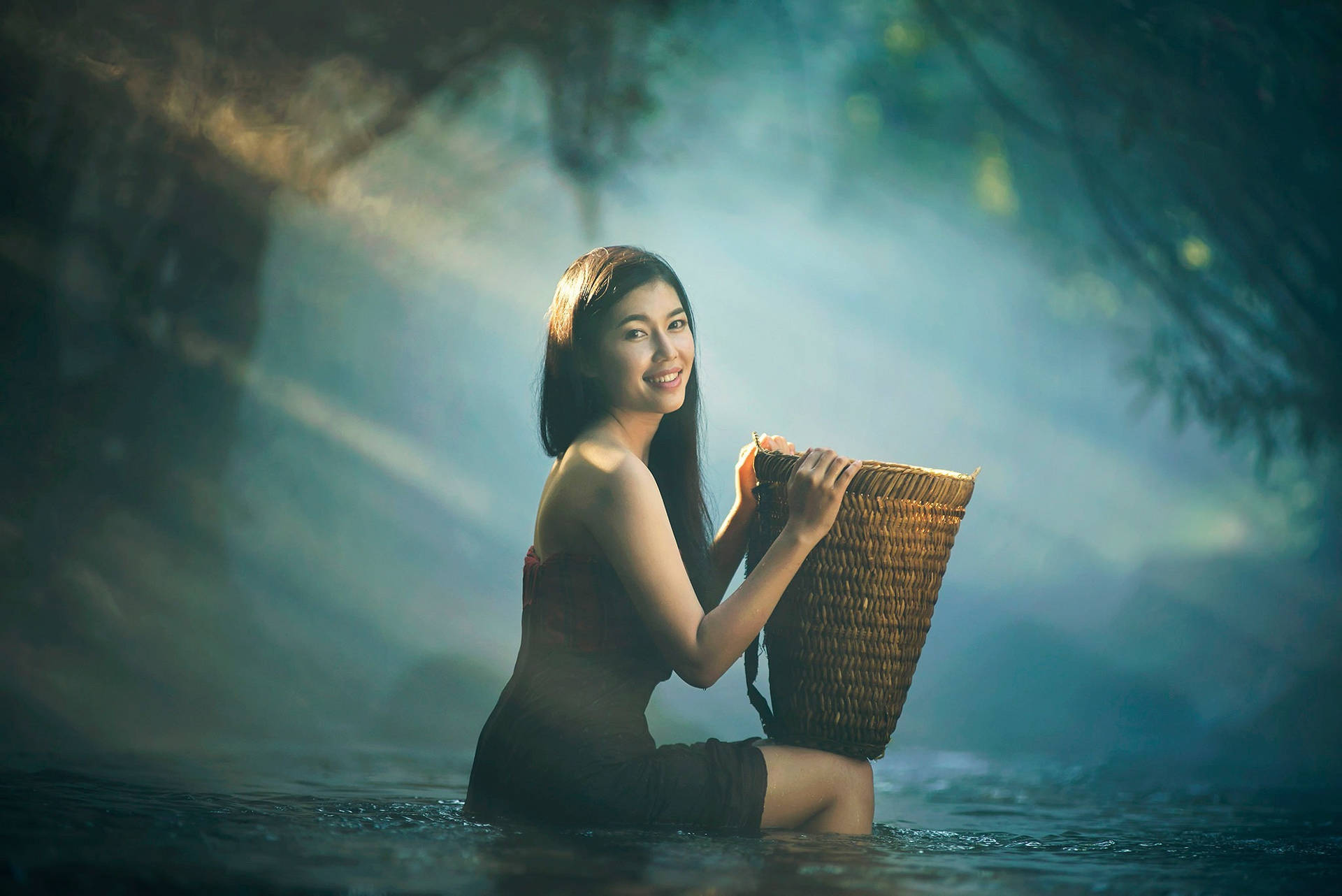 Graceful Asian Woman Carrying Traditional Rattan Basket Background