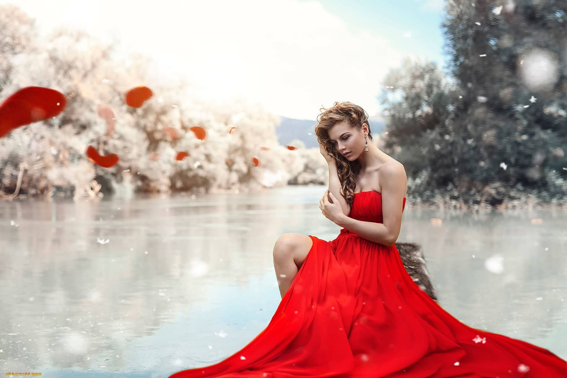 Graceful Fashion Model In Stunning Red Ensemble Background