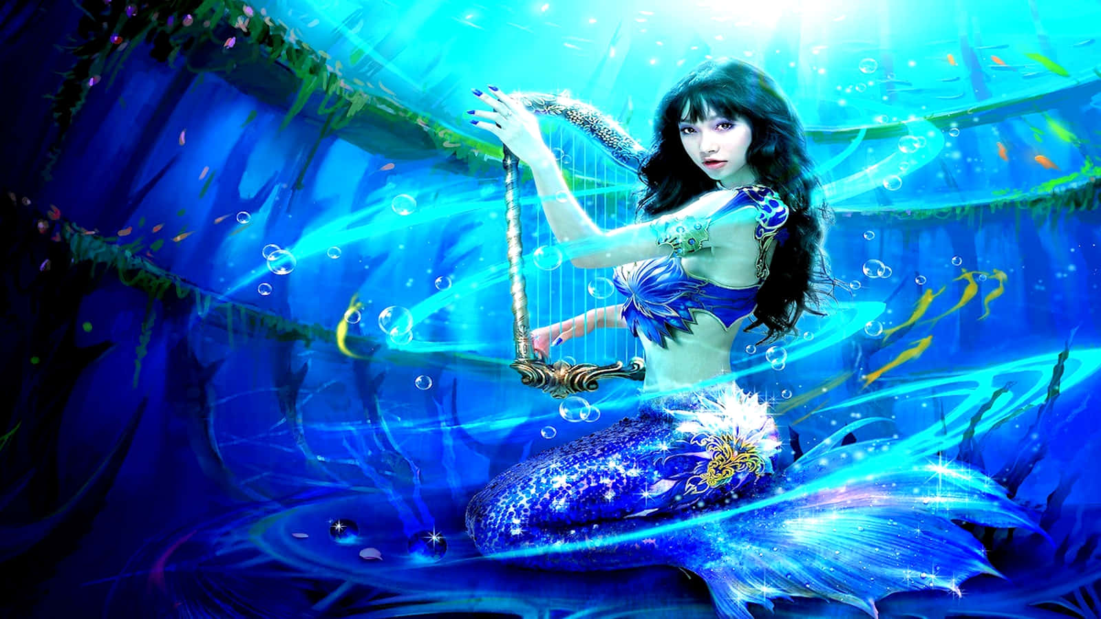 Graceful Mermaid Playing A Harp Background