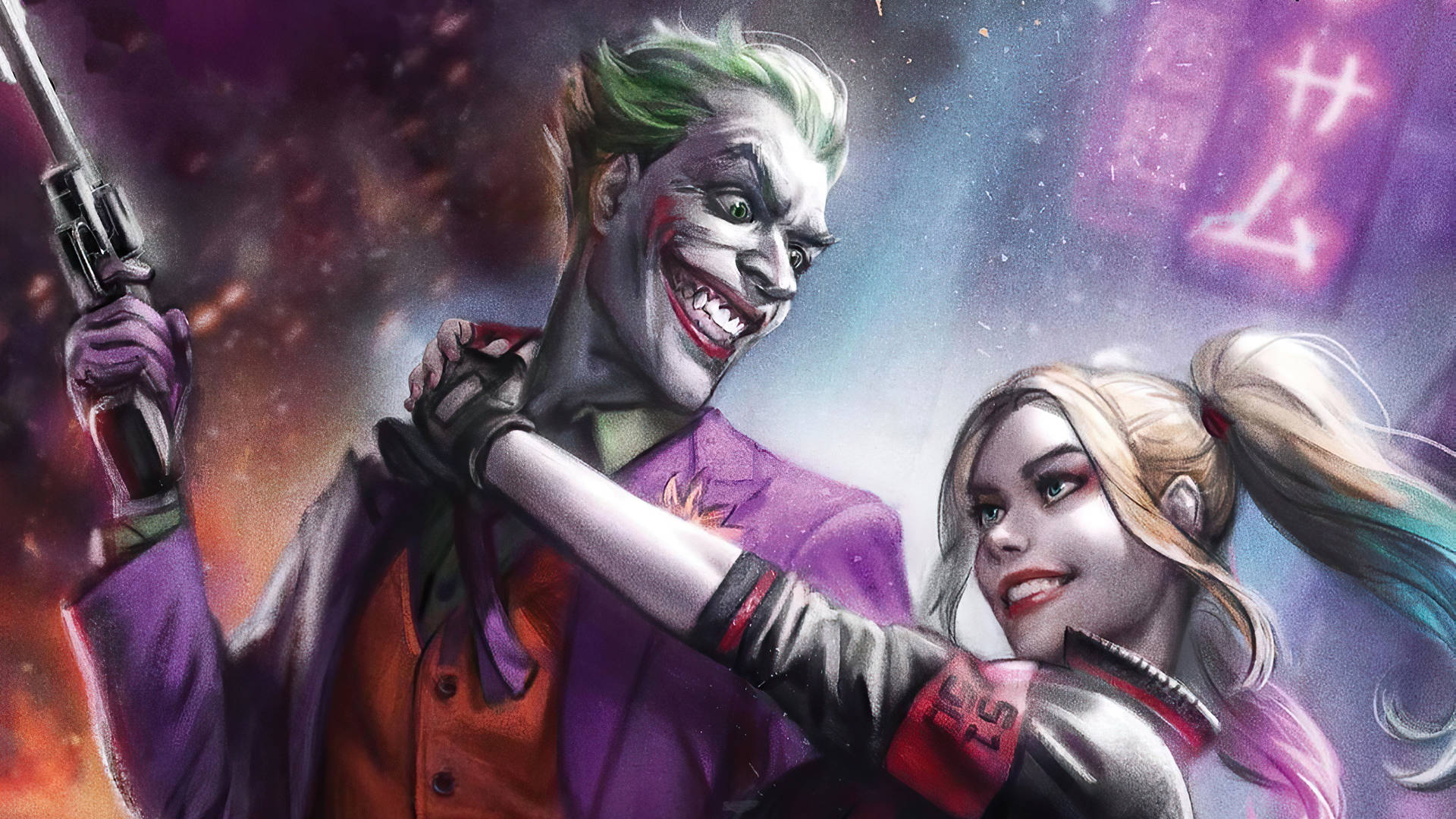 Grainy Joker And Harley Quinn Art Background