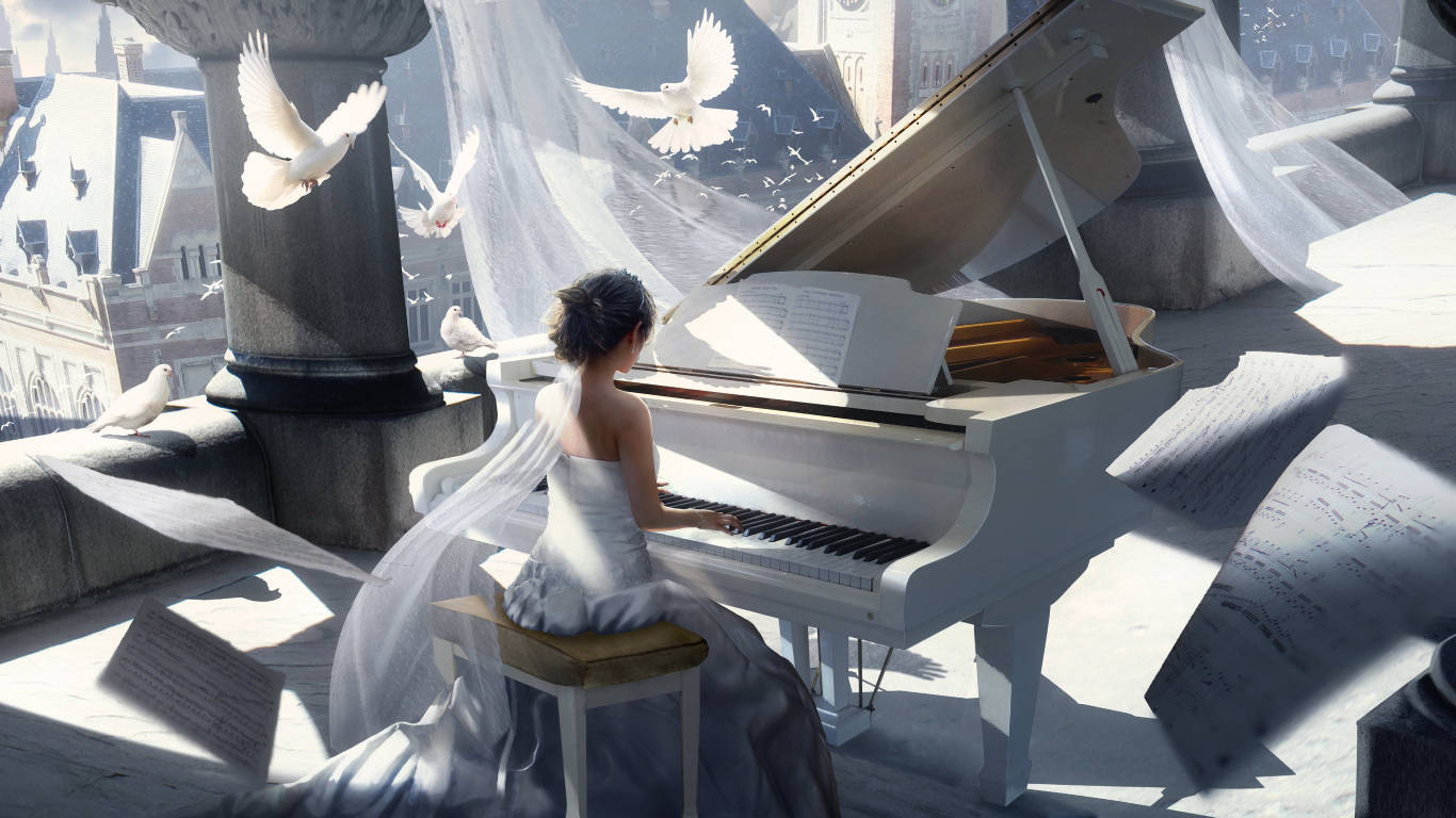 Grand Piano And White Doves Background