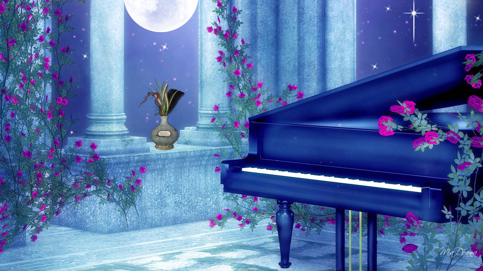 Grand Piano In Moonlight Background