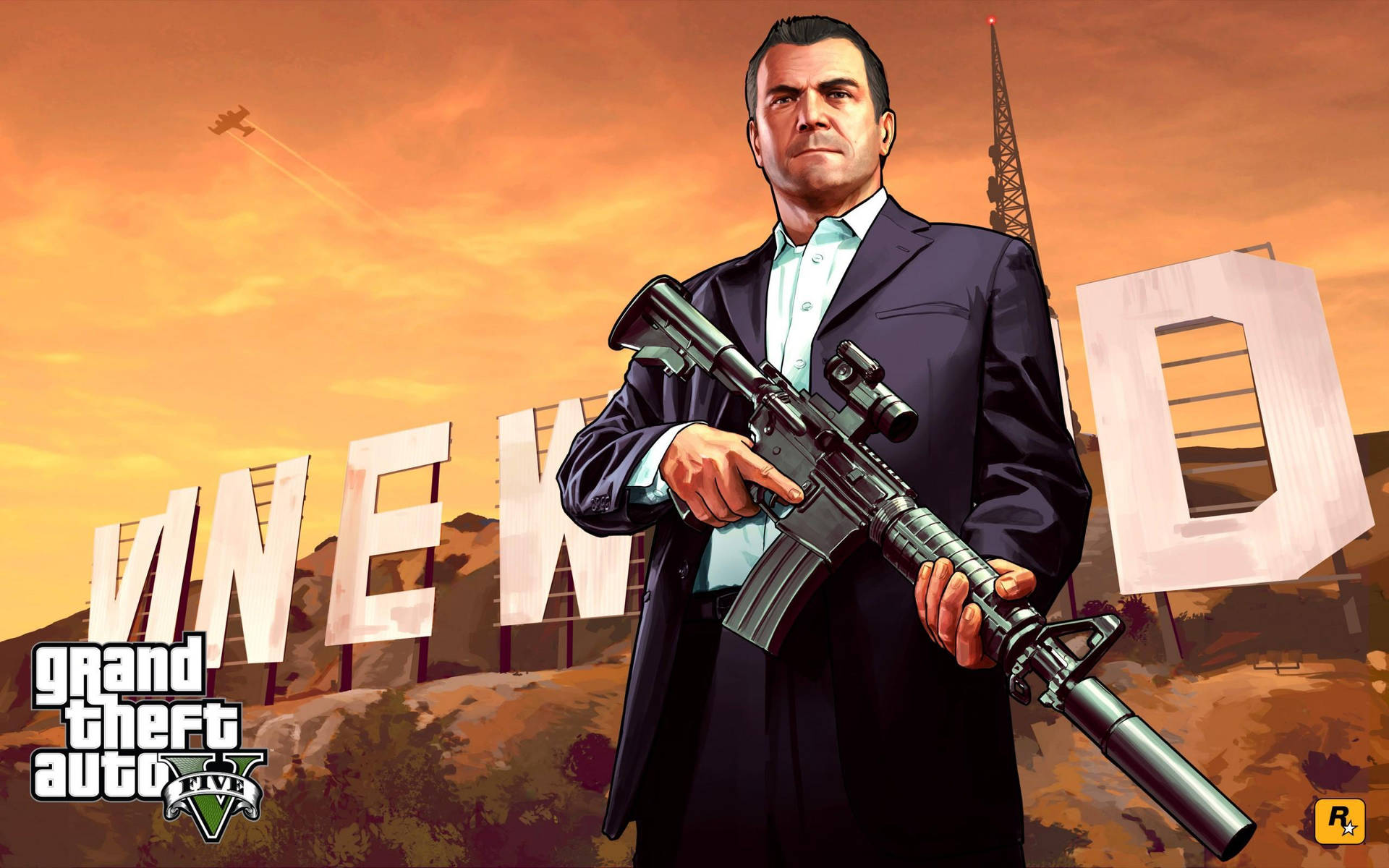 Grand Theft Auto V Michael On Vinewood Sign Background
