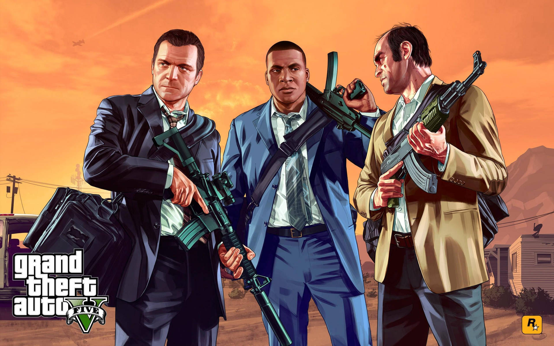 Grand Theft Auto V Protagonists Under Orange Skies Background