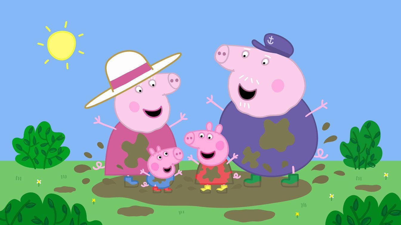 Grandfather Enjoying Quality Time With Peppa Pig Tablet Background