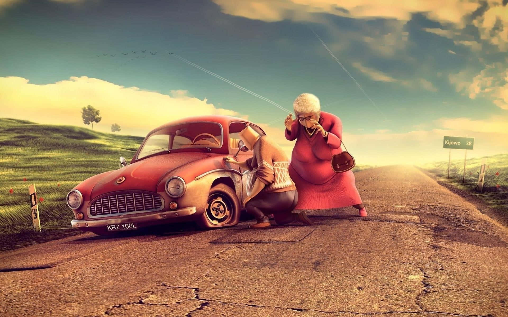 Grandma Power Pushing Car Vintage Cartoon Background