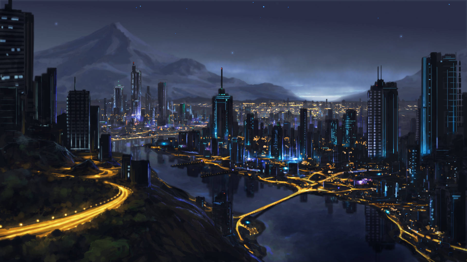 Graphic Art Fantasy City At Night Background