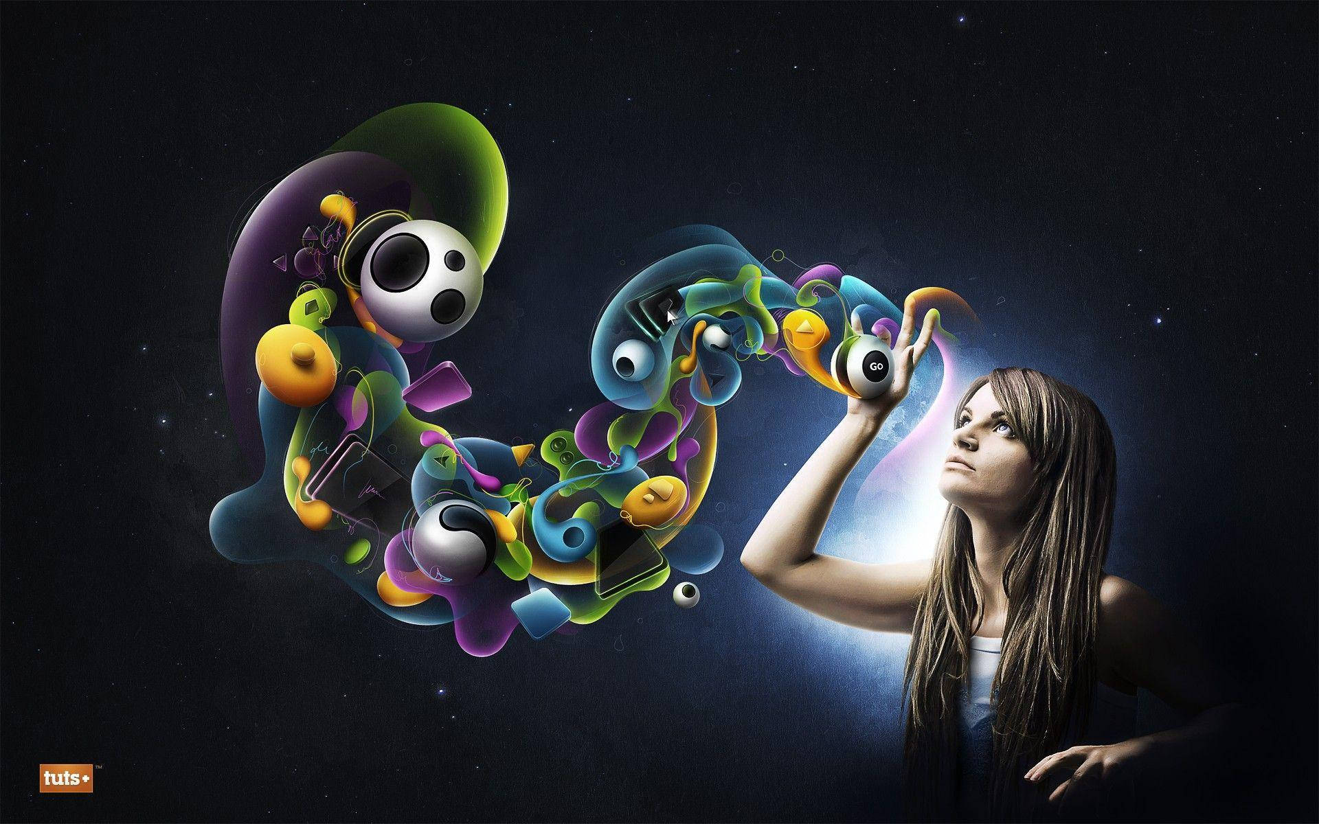 Graphic Design Woman With Abstract Objects Background