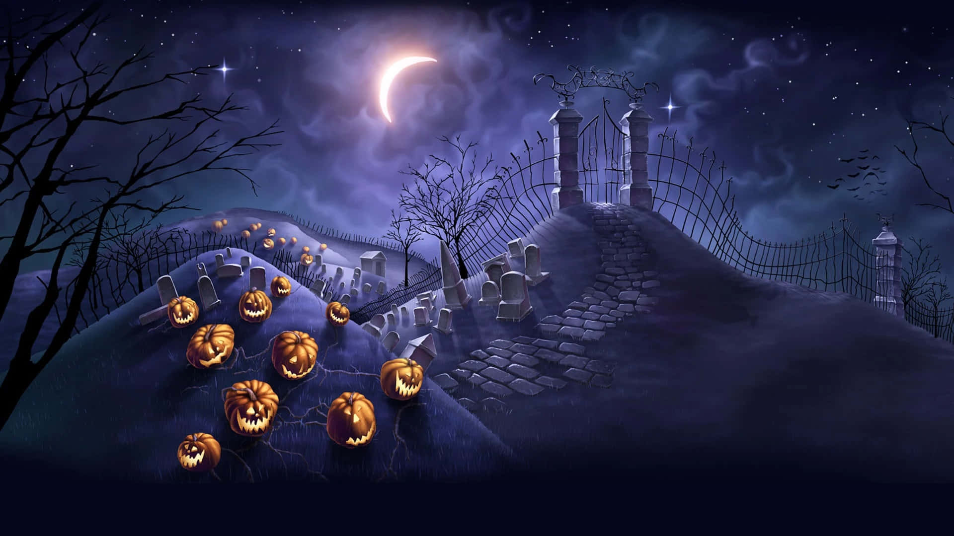 Graveyard Jack O' Lanterns Purple Halloween