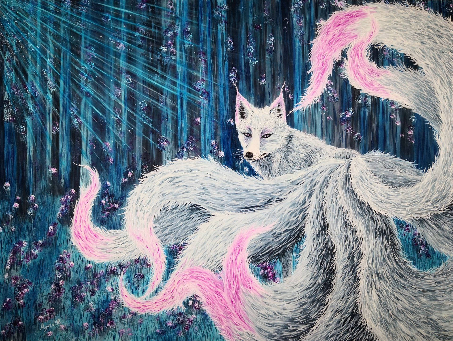 Gray And Pink Nine Tailed Fox Background