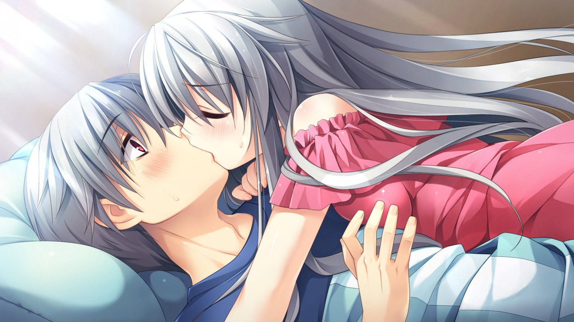 Gray-haired Anime Couple Kiss Background