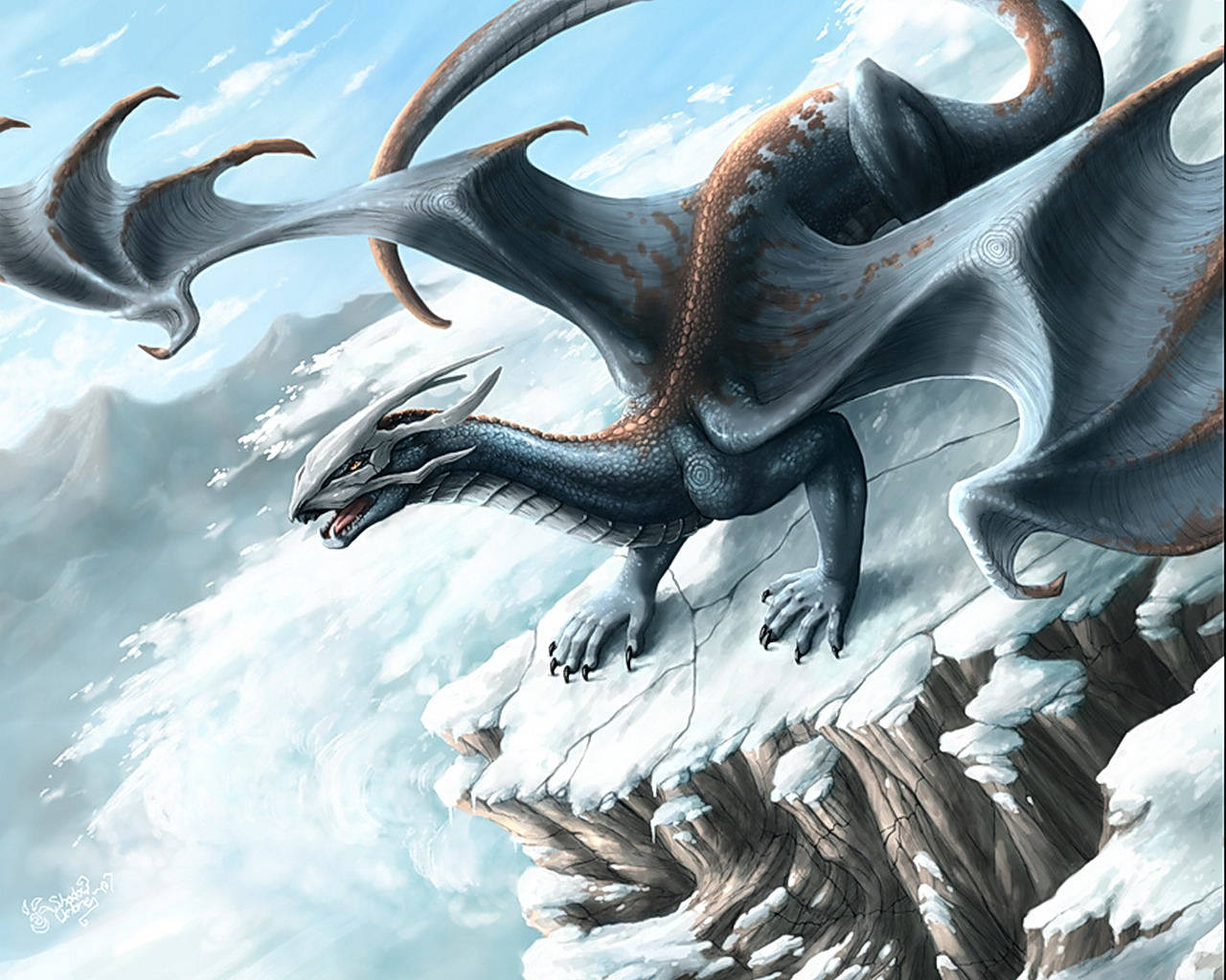 Gray Water Dragon In Snowy Mountain Background