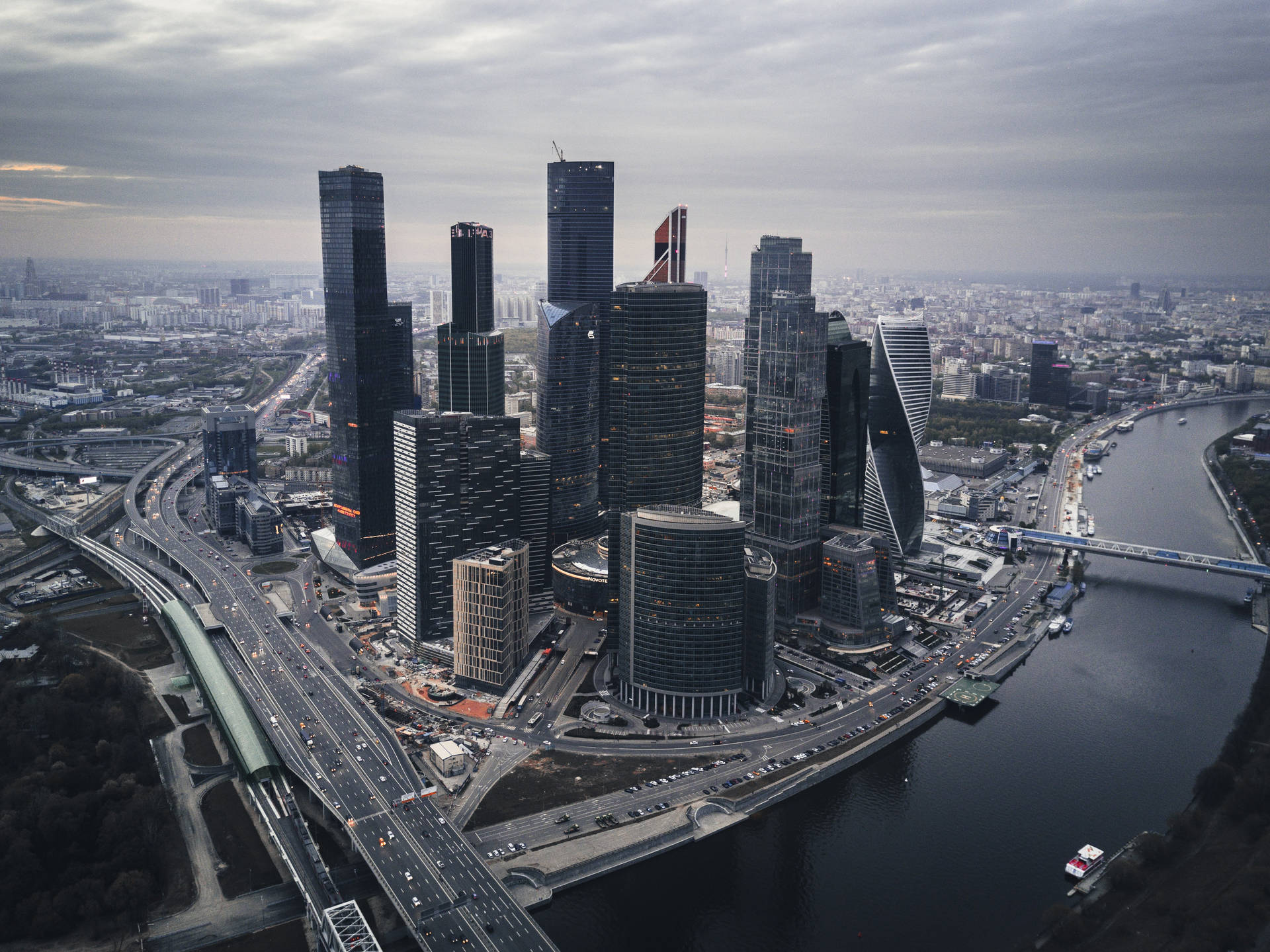 Grayscale Aerial Moscow Skyscrapers Background