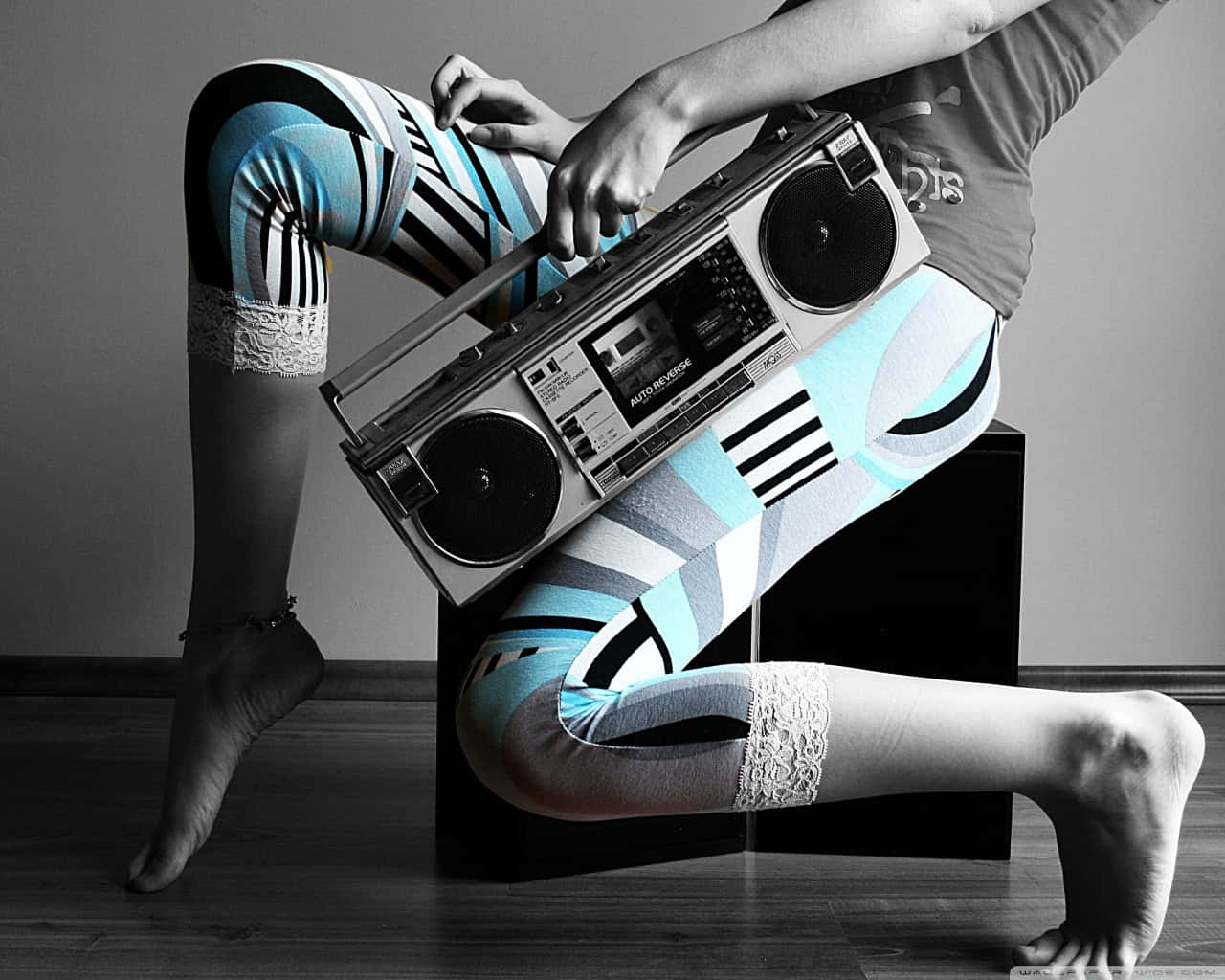 Grayscale Cassette Boombox On Thighs Background