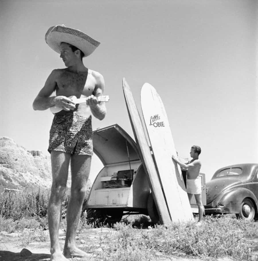 Grayscale Vintage Surf Portrait In San Onofre California Background