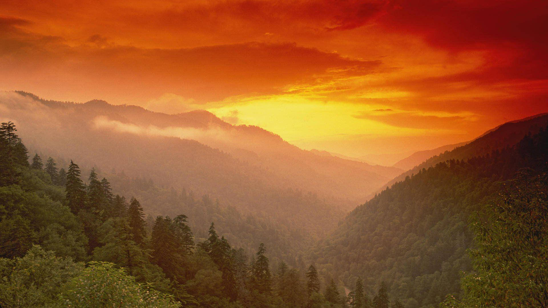 Great Smoky Mountains With Beautiful Sunset Background