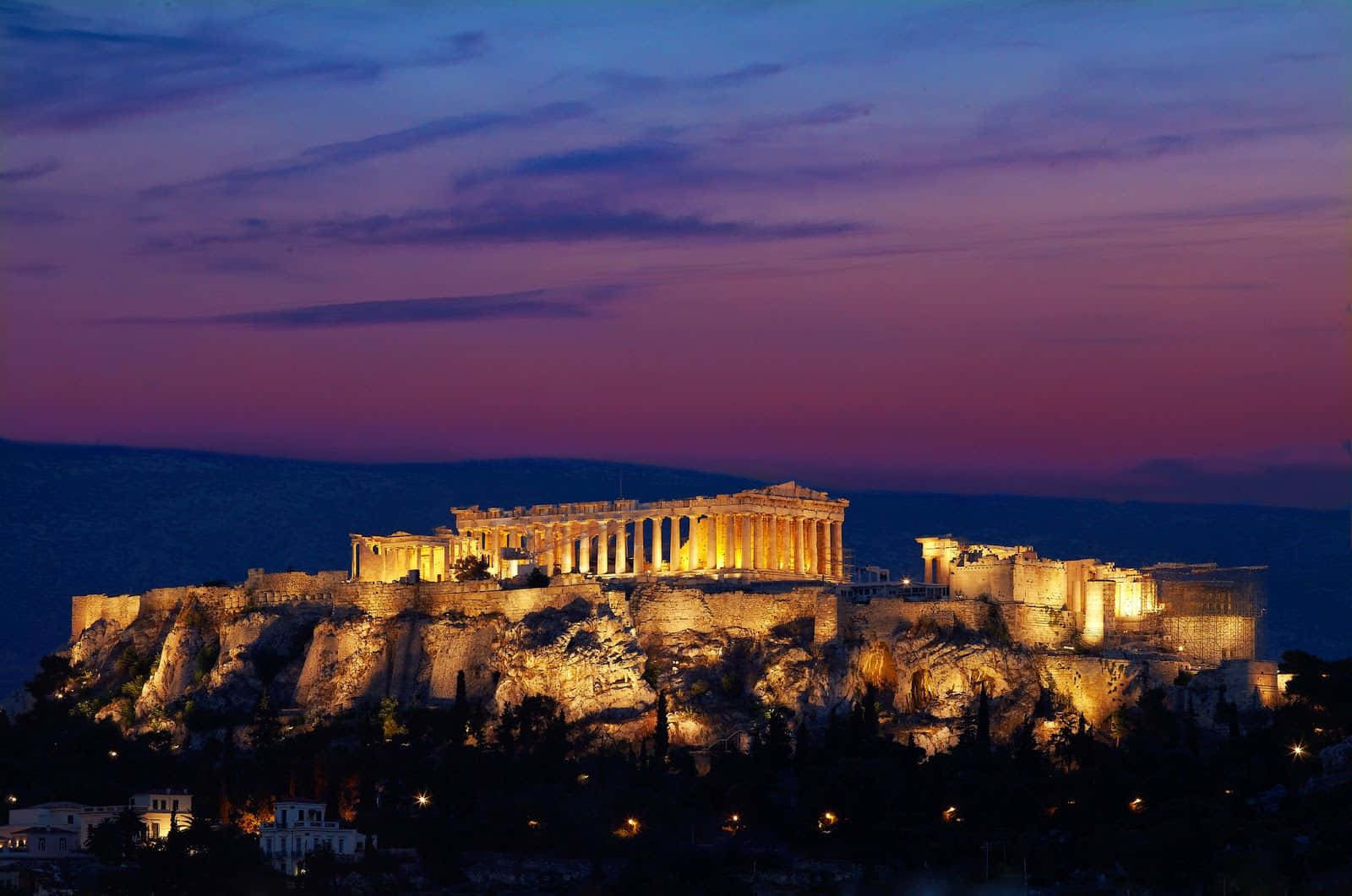 Greek Acropolis On Rock During Twilight Background