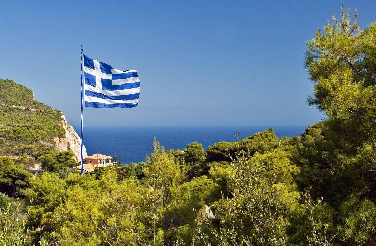 Greek Flag Mountain View Background