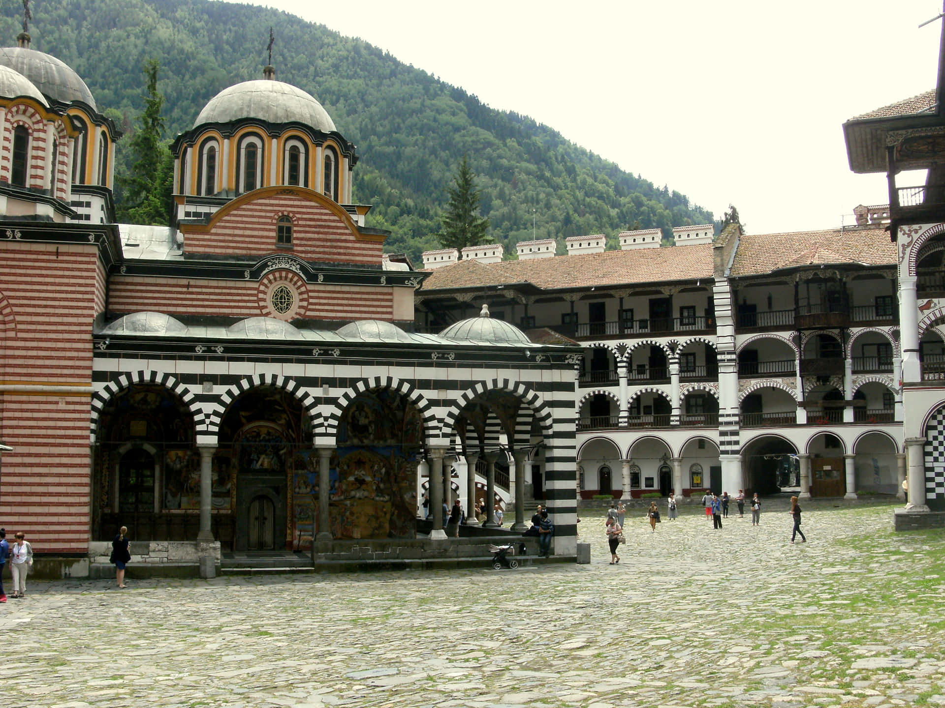 Green Aesthetic Rila Monastery By Mountains Background