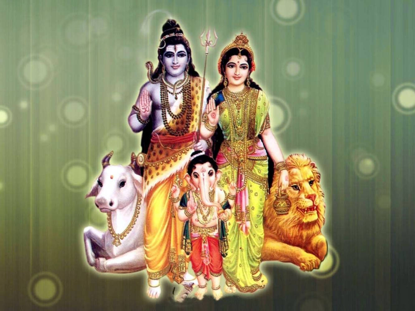 Green Aesthetic Shiva Parvati With Child Ganesha