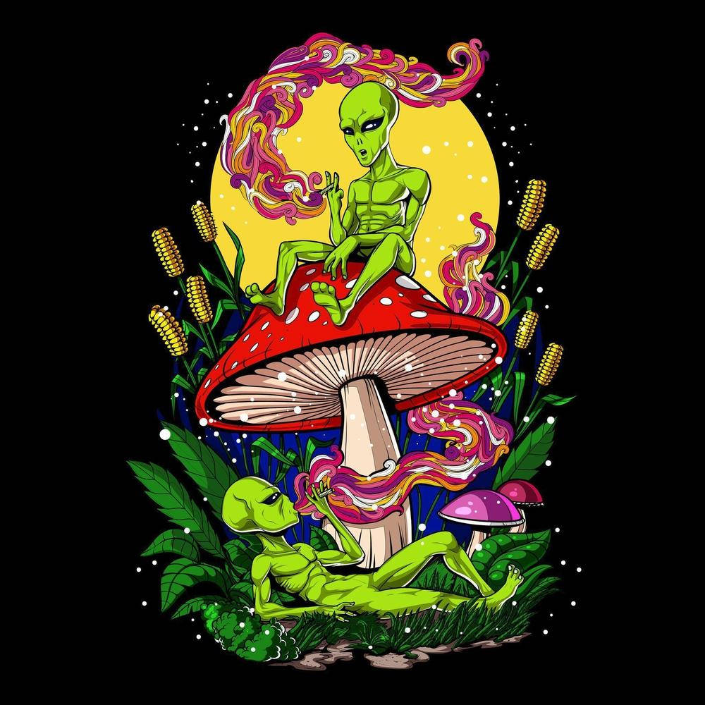 Green Alien On Psychedelic Mushroom Background