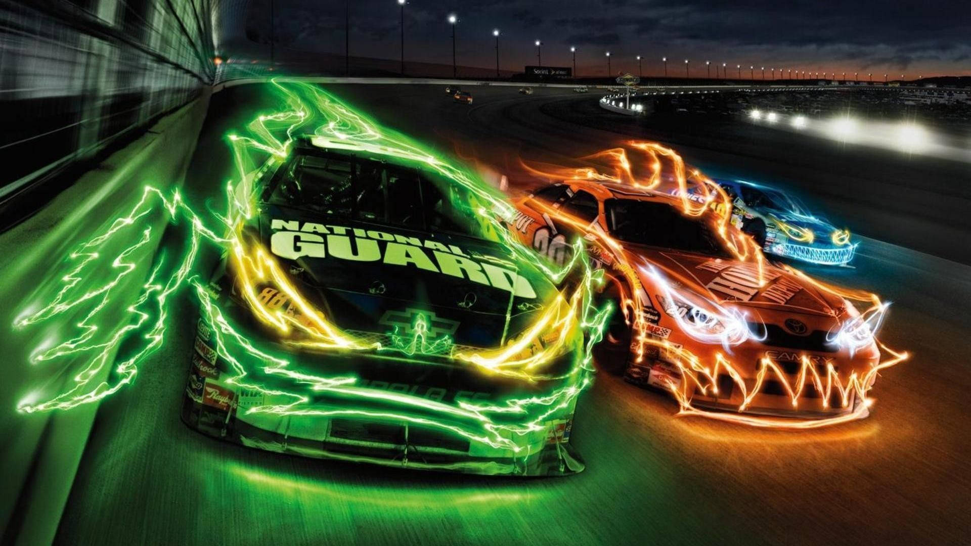 Green And Orange Fire Cars Racing Background