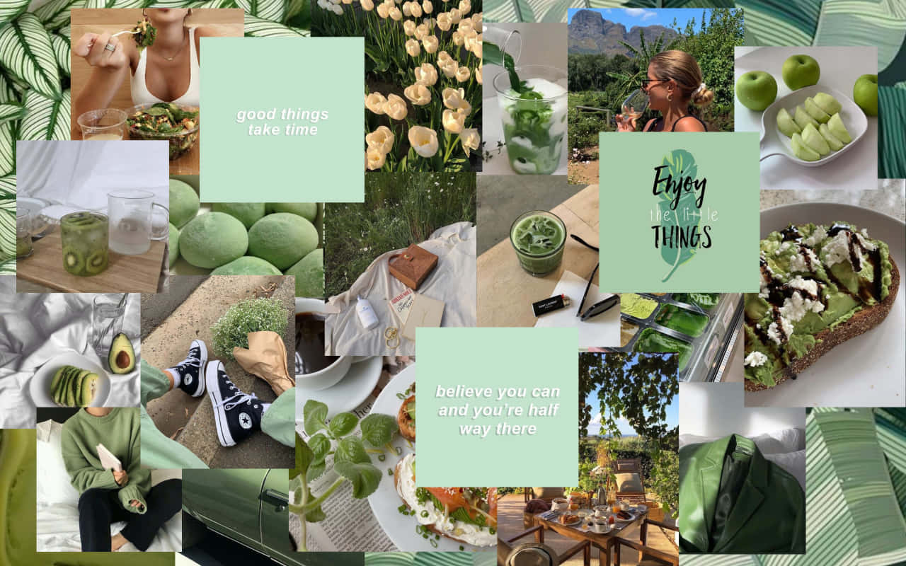 Green And White Collage With Pictures Of Food And Drinks