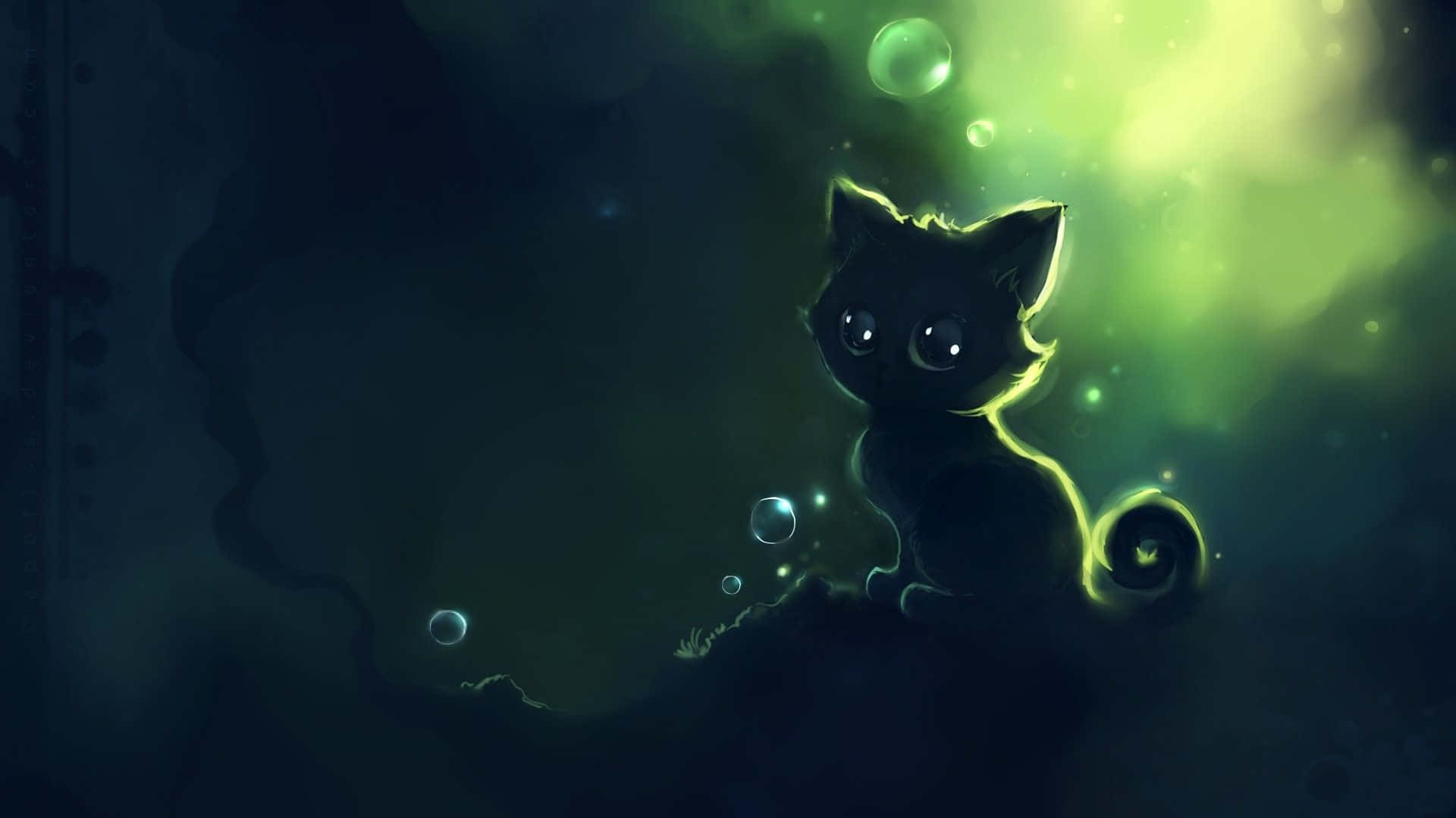 Green Anime Black Kitten Background