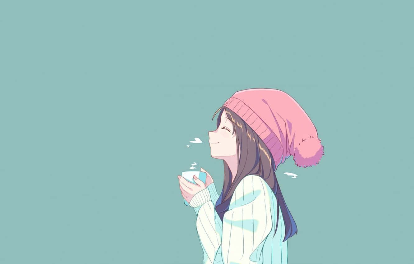 Green Anime Girl Drinking Coffee Background